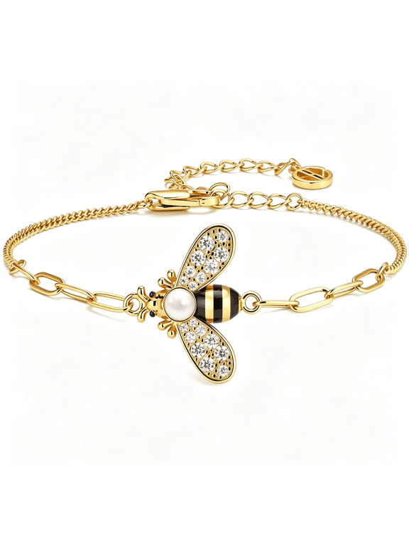 18K Gold Plated Bracelets for Women Bumble Bee Bracelets Oval Pearl Cubic Zirconia Figaro Chain Trendy Cute Animal Jewelry Gift Bee Bracelet