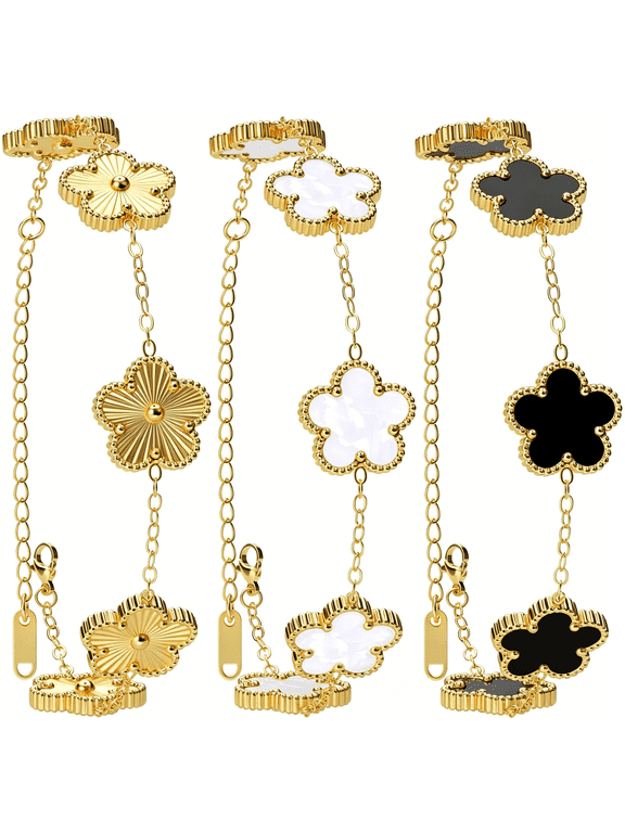 18K Gold Plated Clover Bracelet Gold/White/Black Bracelet Set for Women Flower Leaf Lucky Clover Bracelets Trendy Jewelry Birthday Gifts for Women/MoM/Friends