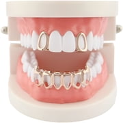 DESIGNICE 18K Gold Plated Hip Hop Teeth Caps Open Face 2pcs Single Top and Bottom Grills for Your Teeth Set for Men Women