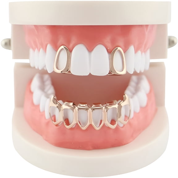 DESIGNICE 18K Gold Plated Hip Hop Teeth Caps Open Face 2pcs Single Top and Bottom Grills for Your Teeth Set for Men Women