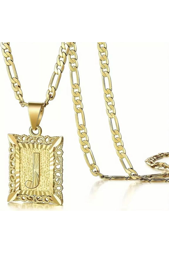 18K Gold Plated Letter J Square Pendant Necklace Initial Chain Men Women Gift
