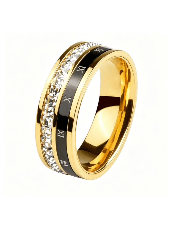 18K Gold Plated Roman Numeral Cubic Zirconia Ring for Men,Square Cz Gold Rings for Men,Spinner Silver Mens Rings Stainless Steel Size 5-13 Mens Ring