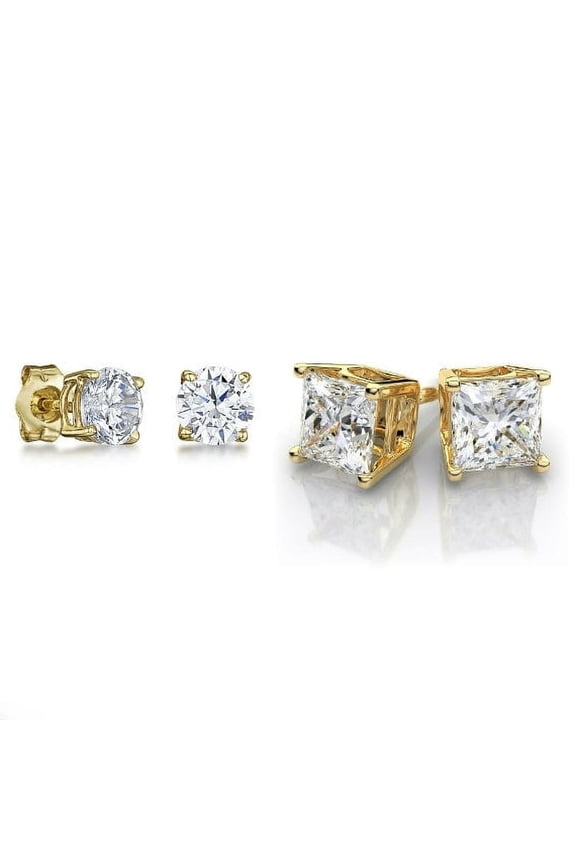 18K Gold Plated Round Stud Earrings with CZ, Unisex Set
