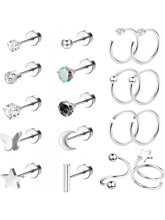 18Pcs Titanium Earrings for Sensitive Ears, Titanium Flat Back Earrings for Women, Star Moon Butterfly Hypoallergenic Flat Back Earrings, Helix Piercing Jewelry