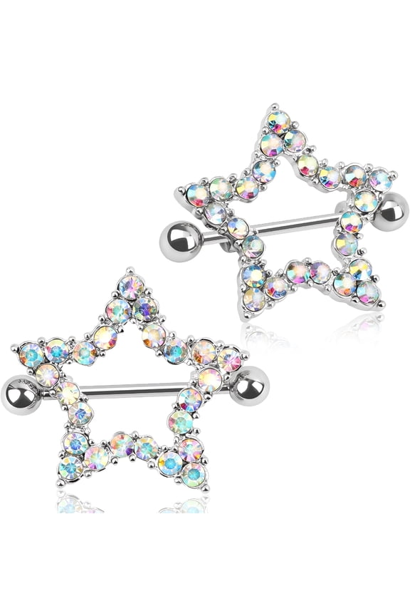 1Pair Rhinestone Paved Star Nipple Piercing Rings Barbells 14Gauge