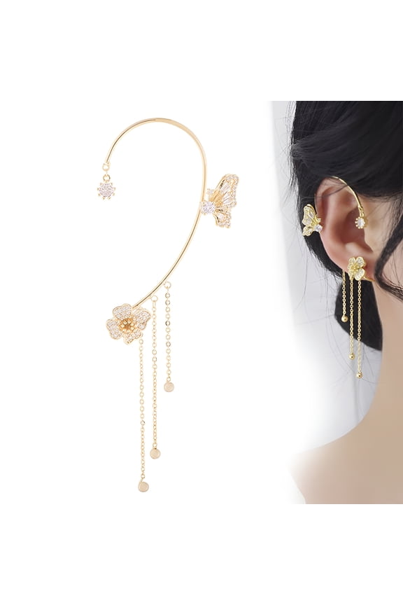 1Pc Ear Cuffs Non Piercing, Butterfly Earrings, Alloy + AAA Grade Cubic Zirconia Vintage Hypoallergenic Ear Cuff Earrings Tassel Long Earrings Clip for Women, Gold Left Ear