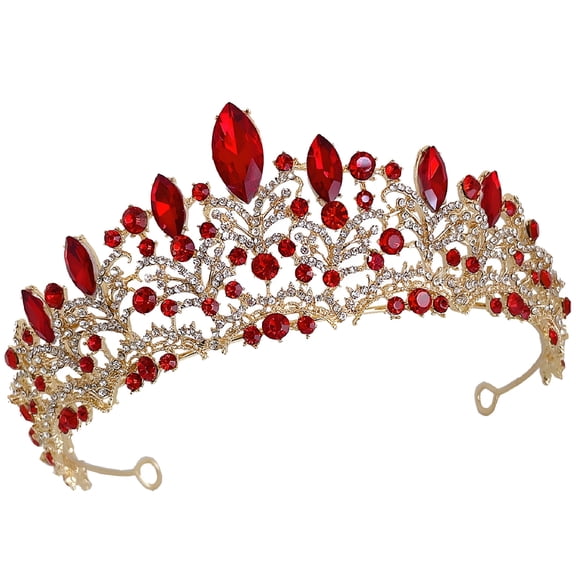DESIGNICE 1Pcs Bridal Tiara Rhinestone Crown for Wedding Accessory Teenagers Red Tiara Red Gold 18X0.39In