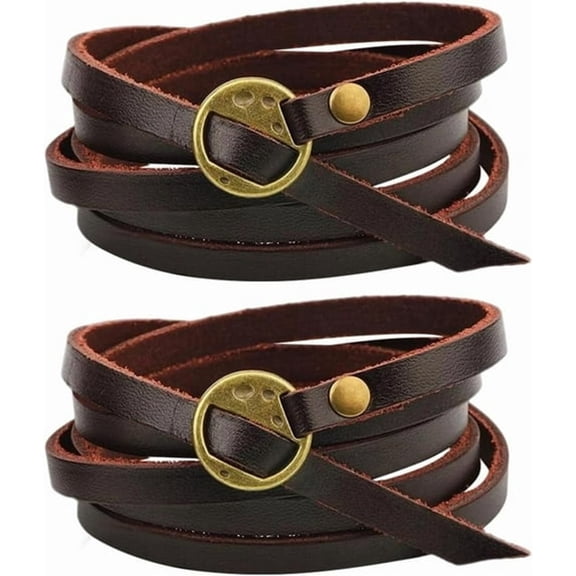 DESIGNICE 1Set 2Pcs Genuine Leather Cuff Bracelets Adjustable Cowhide Leather Boho Layered Arm Armor Cuff Vintage Western Dark Brown Stackable Straps Wristbands Wrist Wrap with Toggle Clasp
