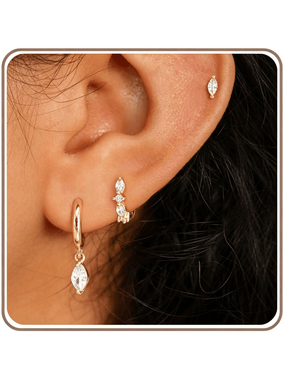 2/3 Pairs Earring Stacks,14K Gold/White Gold Plated Earring Set for Multiple Piercing Hypoallergenic Jewelry Gift