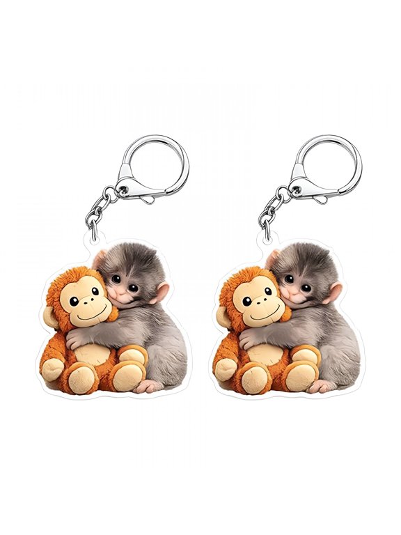2 Pack Punch the Monkey Keychain,Cute Monkey Holding Plush Toy Hanging Keychain for Backpack Purse Car Keys Gift