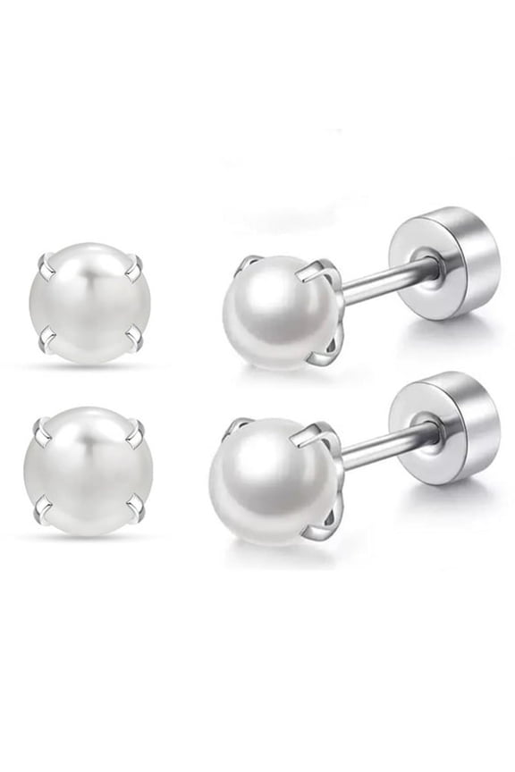 2 Pairs Flat Back Earrings,Silver Pearl Stud Earrings for Women Screw Back Studs for Hypoallergenic Cartilage Nap Sleep Earrings Jewelry (Flat Back Stud)