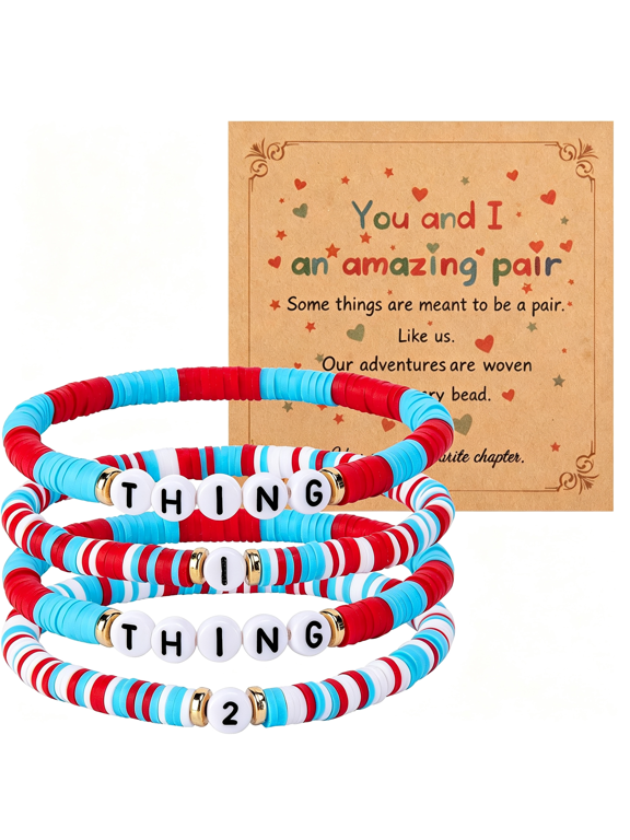 2 Pairs Friendship Thing Matching Bracelets, Friend Beads Stackable Bracelets with Cards, Friend Jewelry Costume Accessories for Adult Women Men Back to School Day Birthday Couples
