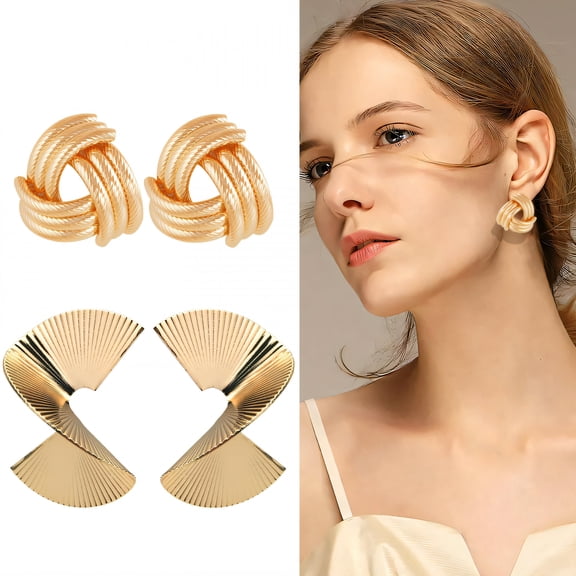 DESIGNICE 2 Pairs Statement Earrings for Women,Metal Plated Geometry Gold Earrings,Facial Enhancement Glow Chunky Gold Earrings,Style4
