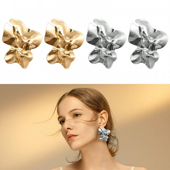 DESIGNICE 2 Pairs Statement Earrings for Women,Metal Plated Lava Folds Gold Earrings,Gold Statement Earrings Birthday Jewelry Gift for Her,Style6