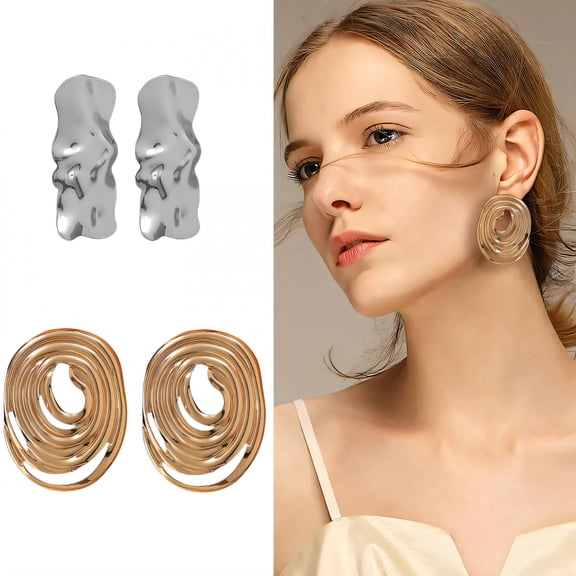 DESIGNICE 2 Pairs Statement Earrings for Women,Metal Plated Lava Folds Silver Earrings,Womens Earrings Birthday Jewelry Gift for Her,Style2