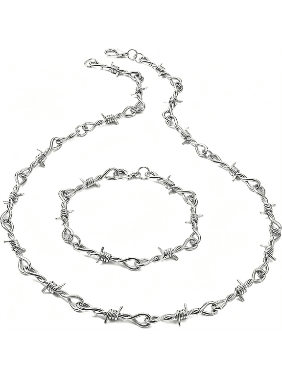 2 Pcs Barbed Wire Jewelry Set,Silver Tone Thorns Necklace & Bracelet,Unisex Punk Goth Brambles Chain Choker,Y2K Hip Hop Streetwear Accessories for Men Women Party Gifts
