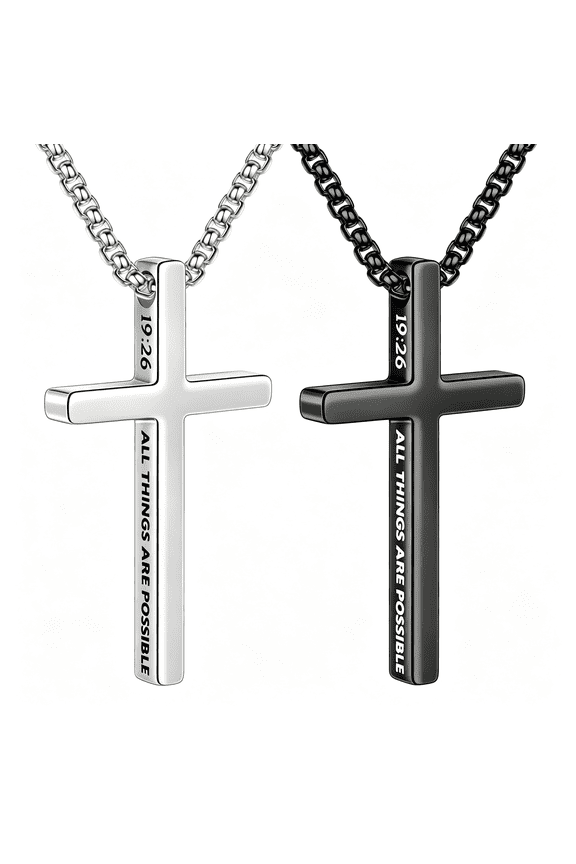 2 Pcs Black Silver Cross Necklace for Men,Inspirational Bible Verse Cross Chain for Men Stainless Steel Cross Pendant Necklace for Men Gifts,Box Chain 18-24"