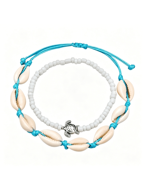 2 Pcs Boho Seashell Anklet Set Silver Turtle Layered Ankle Bracelets Adjustable Beach Foot Chain Jewelry for Women Summer Accessories