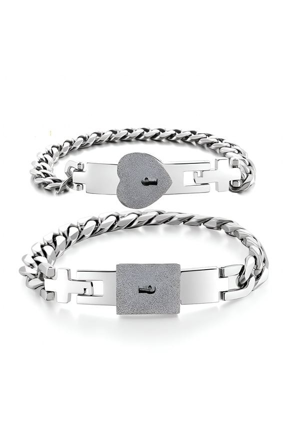 2 Pcs Couple Bracelets Novelty Lock for Key Bangle Bracelets Stainless Steel Lover Heart Lock for Key Jewelry
