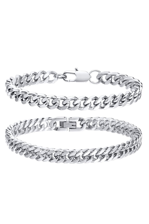 2 Pcs Cuban Chain Bracelet for Men,Sturdy Stainless Steel Curb Width Cuban Link Chain Bracelets Set,Stylish Hip Pop Hand Chains Jewelry Silver Bracelet for Men,9 Inches