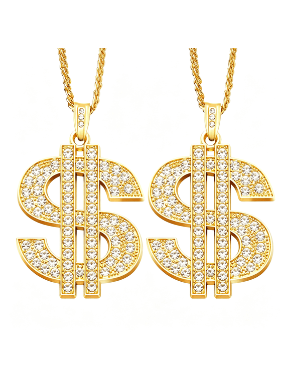 2 Pcs Gold Dollar Chains Necklaces, Money Pendant Chain Hip Hop Dollar Sign Necklace Jewelry Halloween Accessory for Men Women Dress Up Party, Dollar Sign Necklace 2 Pcs