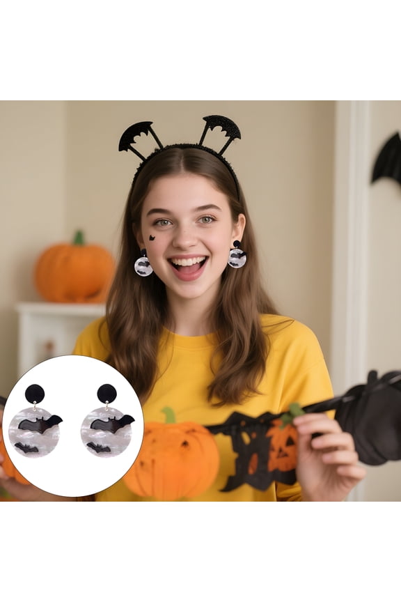 2 Pcs Gothic Halloween Earrings for Women - Black Acrylic Bat/Pumpkin Drop Pendants (7cm), Lightweight Witch Vampire Party Jewelry, Spooky Holiday Accessories