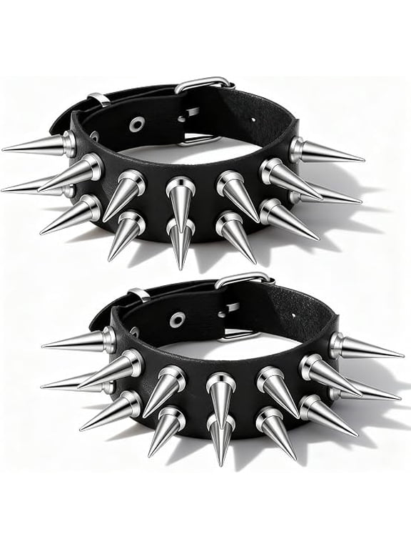 2 Pcs Long Spike Bracelet, Black PU Leather Punk Cuff Wristband for Men and Women, Gothic Rock Fashion Accessories