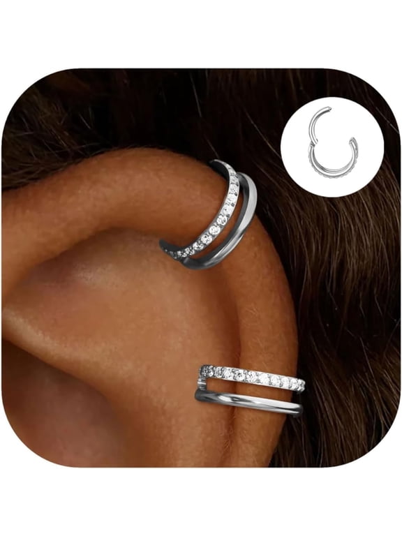 2 Pcs Small Cartilage Double-Hoop Conch Piercing Earrings with Cubic Zirconia for Women Trendy 14K Gold Plated Stainless Steel Sets Jewelry