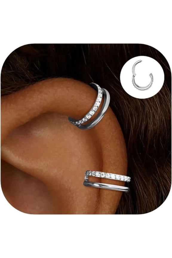 2 Pcs Small Cartilage Double-Hoop Conch Piercing Earrings with Cubic Zirconia for Women Trendy 14K Gold Plated Stainless Steel Sets Jewelry