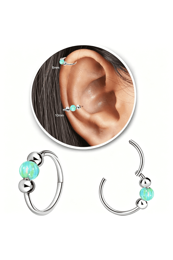 2 Pcs Small Cartilage Hoop Earrings for Women Men,18G Opal Silver Earrings Hypoallergenic 316L Surgical Steel Hinge Huggie Hoop Earrings for Conch,Rook,Earlobe Piercing Jewelry Nose Ring