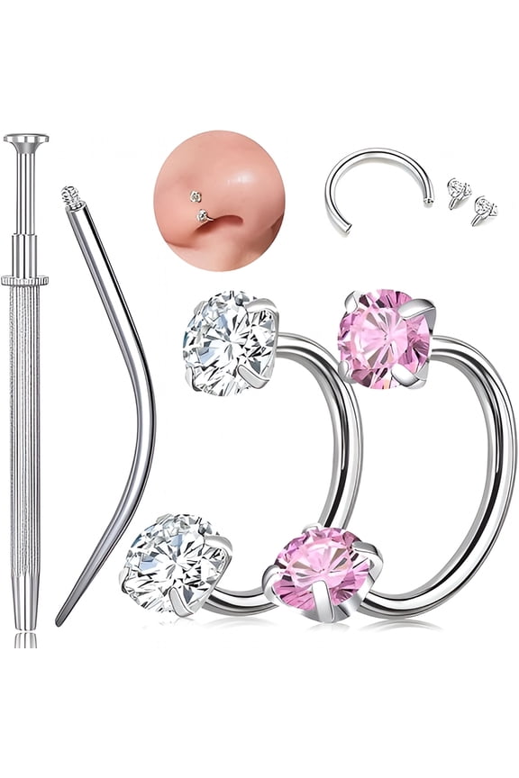 2 Pcs Titanium Horseshoe Nose Ring 20G,Double Gem Nose Ring for Women,Hypoallergenic Horseshoe Nose Rings Helix Tragus Earring Hoops Labret Lip Piercing Jewelry Small Septum Rings