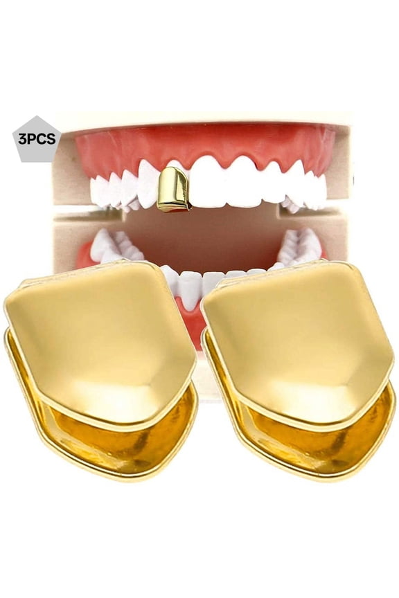 2 Pieces 14K Plated Gold Mouth Teeth, Teeth Plain, Top Tooth Single Grill Cap for Teeth Mouth, Party Accessories Teeth Grills (Color: Gold)