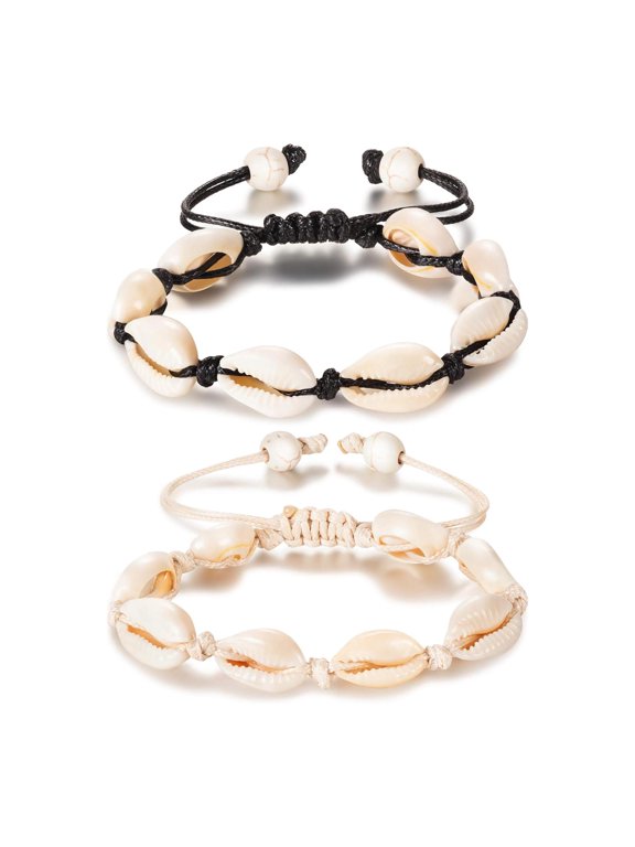 2 Pieces Natural Shell Anklet Bracelet for Women Boho Adjustable Bead Handmade Hawaiian Beach Seashell Foot Jewelry(Style A)