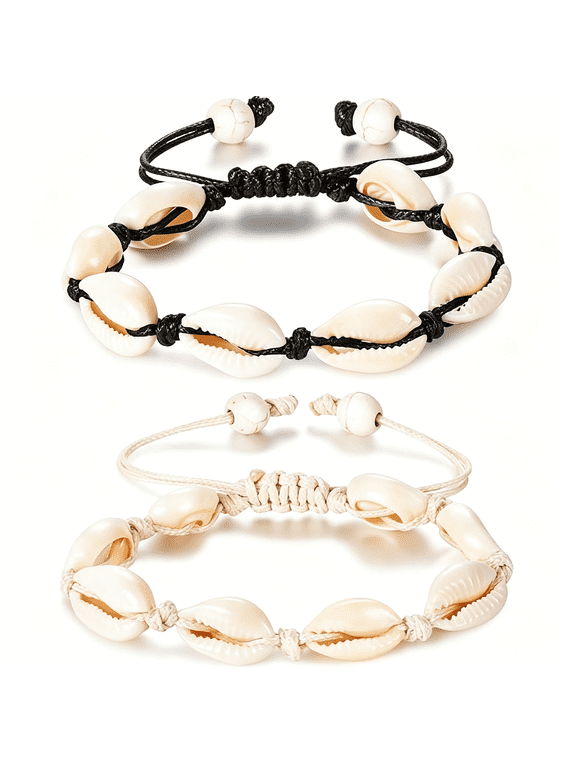 2 Pieces Natural Shell Anklet Bracelet for Women Boho Adjustable Bead Handmade Hawaiian Beach Seashell Foot Jewelry