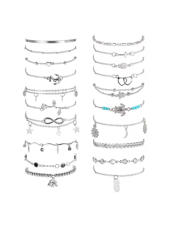 20 Pack Waterproof Ankle Bracelets for Women - Adjustable Beach Anklets Set with Mixed Charms (Hearts/Stars/Turtle),Tarnish-Resistant Stackable Foot Jewelry for Surfers and Vacation