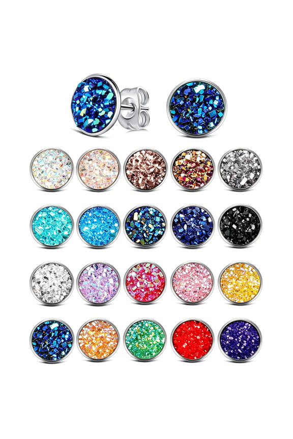 20 Pairs Round Stud Earrings Stainless Steel Druzy Stud Earring Anti Sensitive Fit Women Men Holiday Birthday Party