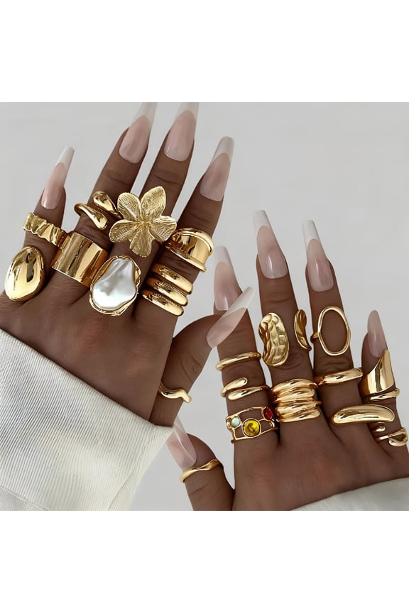 20 Pcs Gold Ring Set for Women,Chunky Statement Flower Finger Midi Rings,Big Boho Stacking Rings Pack Jewelry Gift