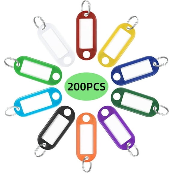 DESIGNICE 200 Pack Tough Plastic Key Tags with Split Ring Label Window,Assorted Colors for Office Home School Key Organization Identification Labeling Accessory
