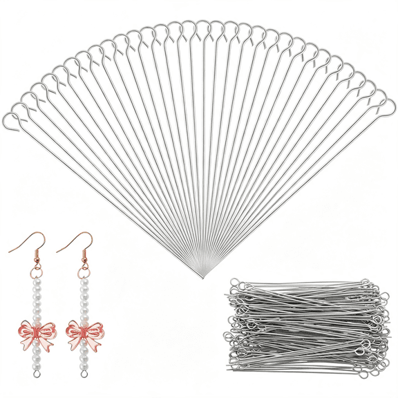 DESIGNICE 200Pcs 2 Inch Stainless Steel Eye Pins for Jewelry Making Silver Open Eye Pins Eyepins Silver Head Pin Headpins for Diy Earring Necklace Jewelry Making (50Mm)