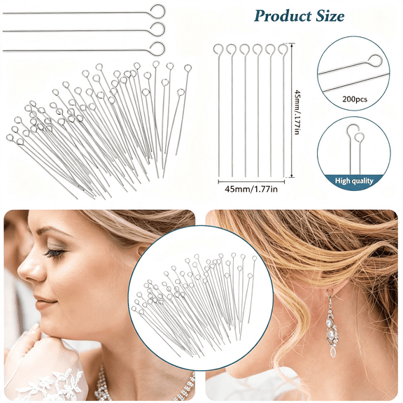 DESIGNICE 200Pcs Mini Metal Wire Eyepins Beading Small Open Eye Head Pins Needles Stainless Steel Eye Pins for Jewelry Making Diy Craft Bead Earring Pendant Necklace Bracelet Jewelry Charm