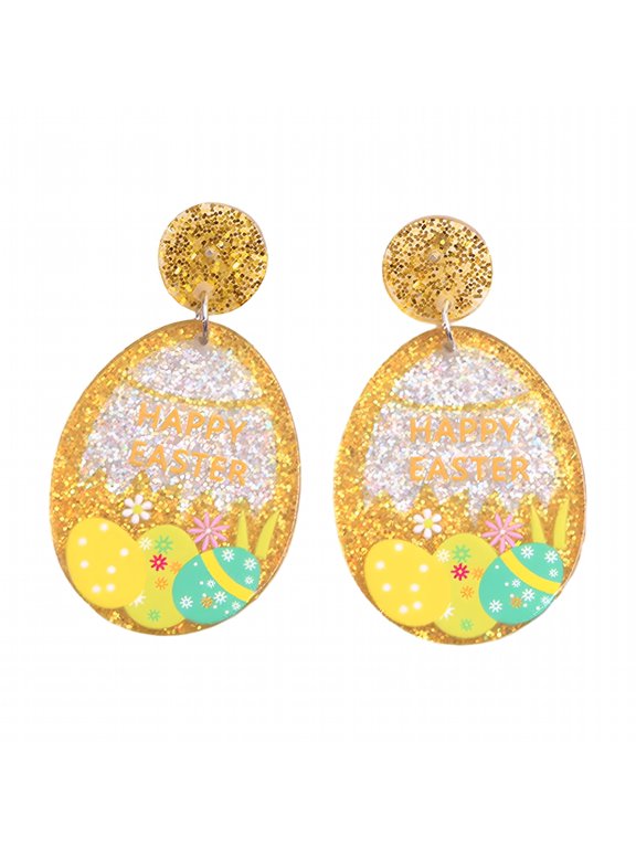 2026 New 1 Pair Easter Egg Earrings Women Elegant Colorful Bunny Flower Pattern Stud Earrings Shining Acrylic Drop Earrings