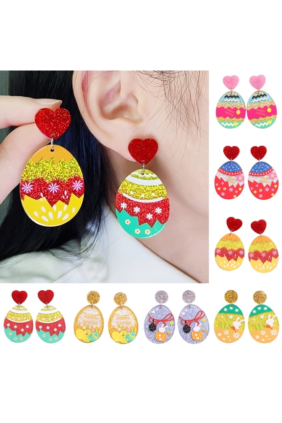 2026 New 1 Pair Easter Egg Earrings Women Elegant Colorful Bunny Flower Pattern Stud Earrings Shining Acrylic Drop Earrings