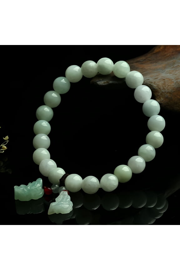 2026 New 100% Natural Grade A Jade Jadeite 8Mm Round Beads with Pixiu Charm Bracelet for Men, Women, Meditation, Feng Shui, Lucky, Gifts, Casual, Daily Wear