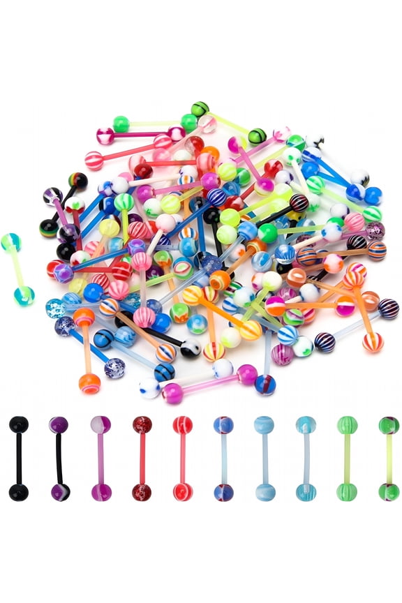 2026 New 100Pcs 14G Acrylic Tongue Rings,Multi Color Assortment Flexible Tongue Rings Barbells Mix Piercing