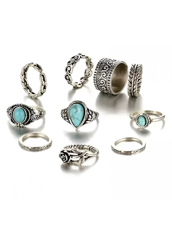 10Pc Vintage Silver Knuckle Rings Set for Women Bohemian Stackable Joint Finger Rings Retro Stone Stacking Rings