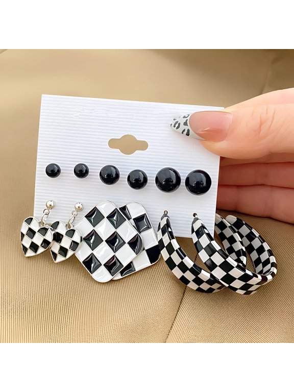 2026 New 12 Pairs Fashion Black White Striped Checkered Dangle Drop Earrings Ear Studs for Party, Casual, Work, Date, Evening