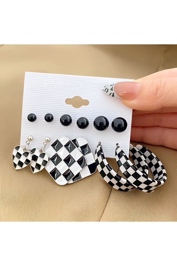2026 New 12 Pairs Fashion Black White Striped Checkered Dangle Drop Earrings Ear Studs for Party, Casual, Work, Date, Evening