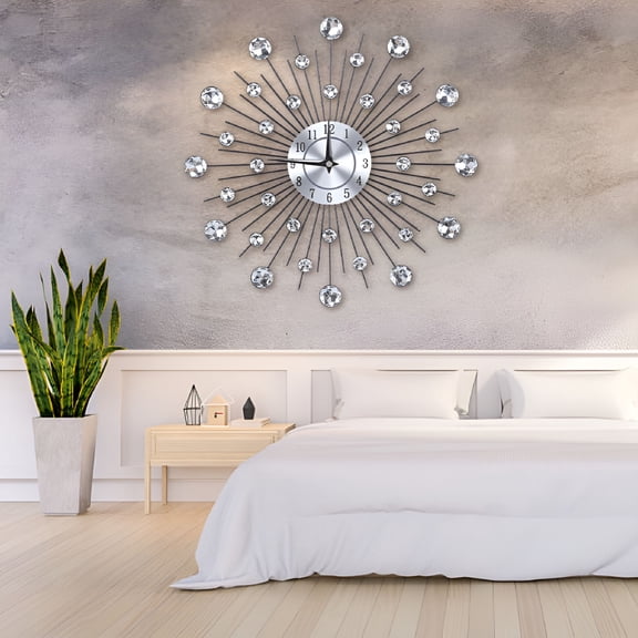DESIGNICE 2026 New 13 in Wall Clock for Living Room Office,Decorative Clock,Sparkling Bling Metallic Silver Flower-Shaped Wall Clock for Living Room Office