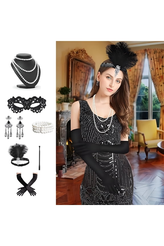 2026 New 1920S Flapper Jewelry Set Accessories Women'S Headband Lace Gloves Statement Necklace Dangle Earrings Beaded Bracelet Roaring Twenties