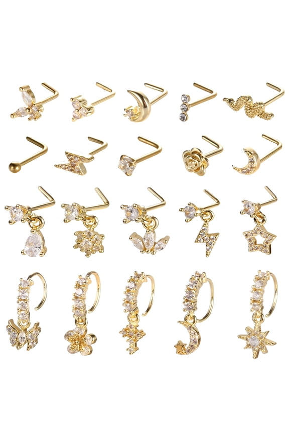 2026 New 20Pcs 20G Dangle Nose Ring L Shaped Dangling Stud for Women for Party, Casual, Club, Gift, Daily Flower Stainless Steel Studs Hoops Nose Piercing Jewelry(Gold)